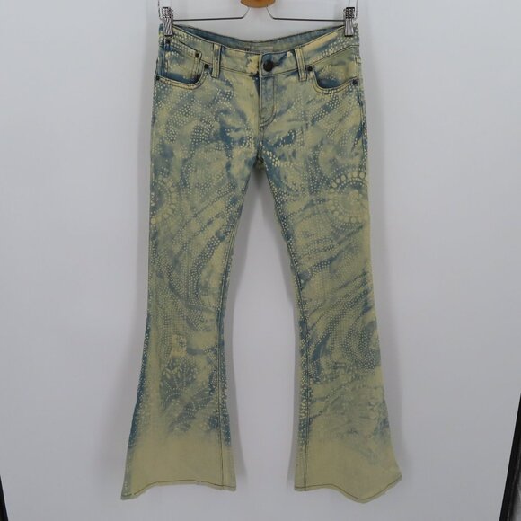 Free People Womens 24 Blue Bleached Dotted Swirl Flare Denim Jeans Pants Pockets - Picture 12 of 13